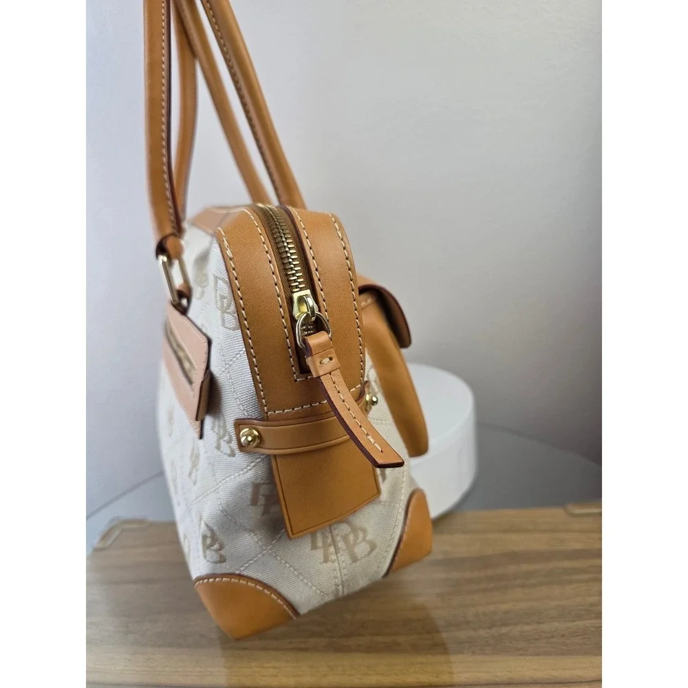 Dooney & Bourke Signature Monogram Canvas Satchel Tan Leather Trim Bag